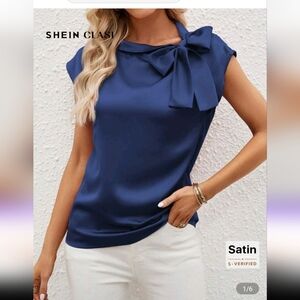 Women's Blue Satin Top with Bow (New Never Worn)